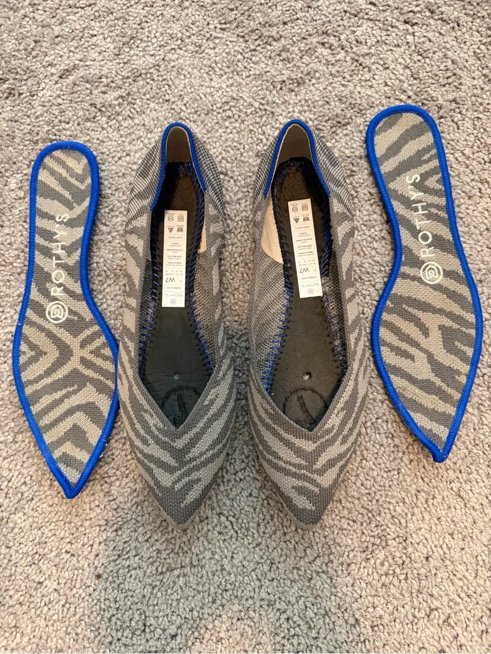 Rothy's Zebra-Print NWOT Pointed Knit Flats in Gray and Blue Trim